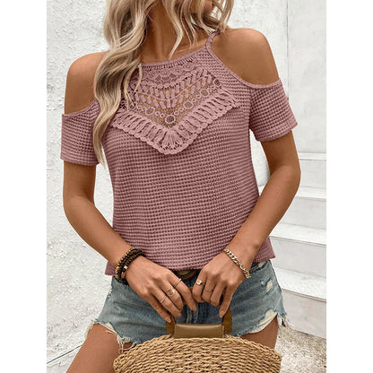 Womens Summer Cold Shoulder Tops Hollow Out Lace Crochet Short Sleeve Casual Blouse Top