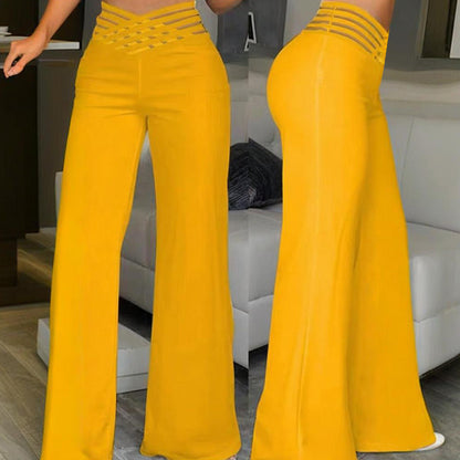 Women's Transparent Mesh Patchwork High Waist Pants With Elegant Cross Detail, Solid Color Fashion Trousers