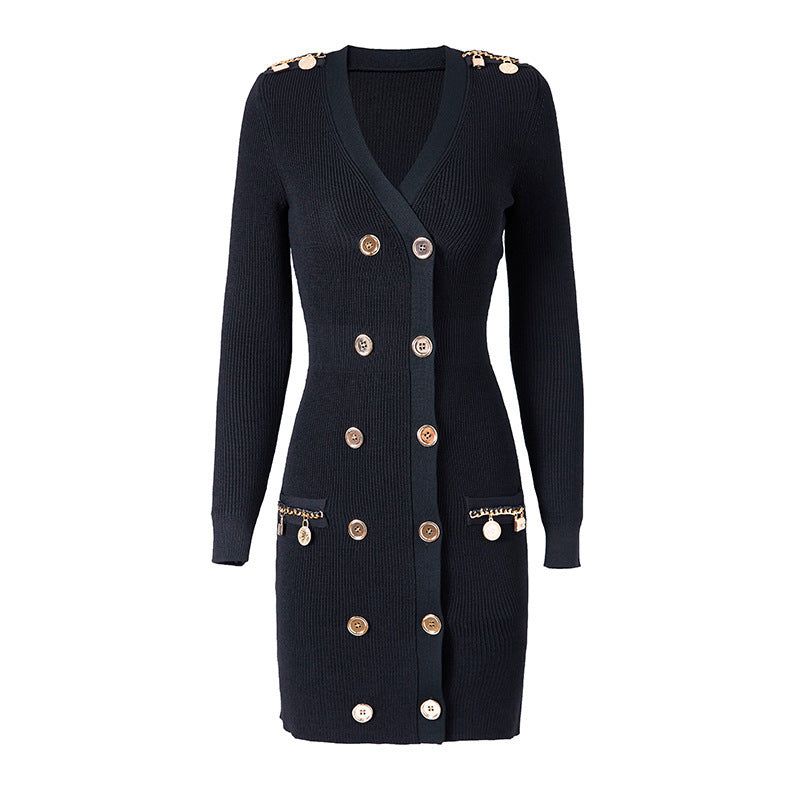 Chain Metal Buckle Shoulder Cotton INS Style Elegant Knitted Dress