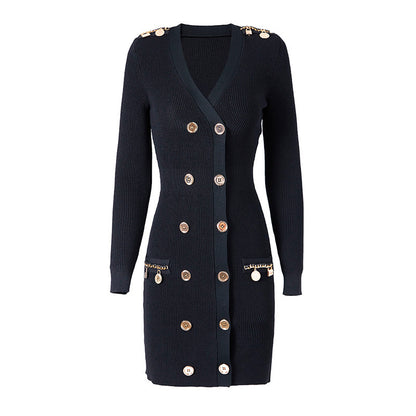 Chain Metal Buckle Shoulder Cotton INS Style Elegant Knitted Dress