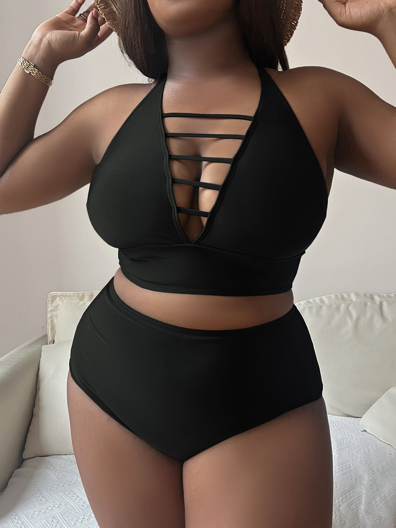 Plus Size Hollow Cross Halter Bikini – Adjustable Straps, Solid Color, Curve-Flattering Fit
