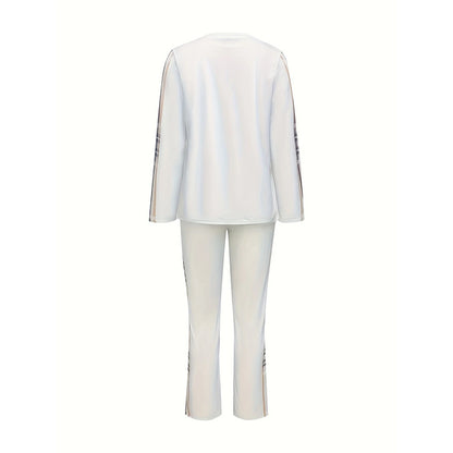 Women's Printed Casual Lounge Set - Long Sleeve Top & Pants With Side Pattern, Comfortable For Spring&Fall