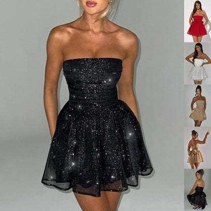 Tube Top Lace Mini Dress – Back Bow-knot & Mesh Stitching for Summer Parties