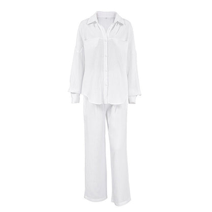 Women's Casual Solid Color Lounge Set - Loose Fit Long Sleeve Top & Pants With Chest Pockets Comfortable Home Wear
