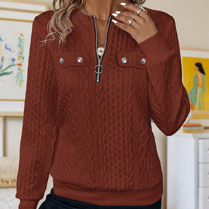 Women's Elegant Solid Color Textured Long Sleeve Sweatshirt With Zipper & Button - Casual Pullover