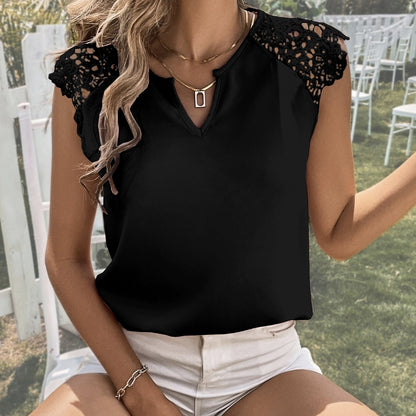 Ladies' Contrasting Lace Notch Collar Shirt With Lace Patchwork Cuffs, Solid Color Casual Top