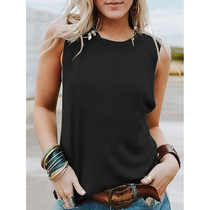 Womens Tank Tops Crew Neck Sleeveless Tshirts Solid Color Casual Loose Fit Tee Shirts