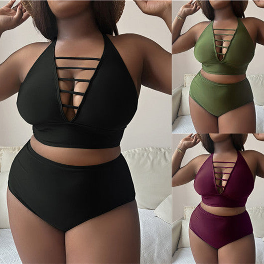 Plus Size Hollow Cross Halter Bikini – Adjustable Straps, Solid Color, Curve-Flattering Fit