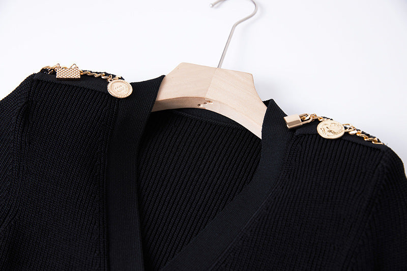 Chain Metal Buckle Shoulder Cotton INS Style Elegant Knitted Dress