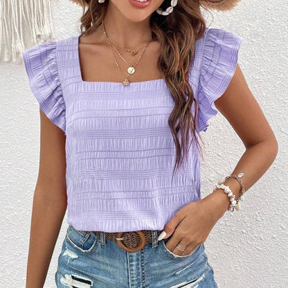 Women's Square Neck Ruffled Sleeve Short-Sleeve Blouse Vacation Casual Summer Top
