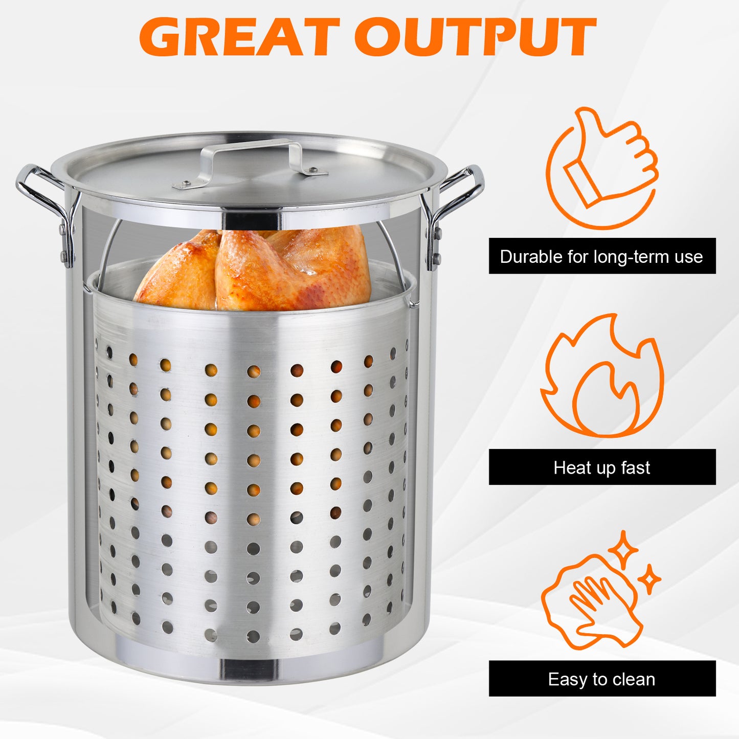 30QT, Turkey Pan 2 Piece Set Black Round Tripod Iron Hob Silver Aluminum Pan Gas Fryer N002