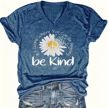 Women's 'Be Kind' Sunflower Print V-Neck Tee - Casual Short Sleeve Inspirational Summer Top