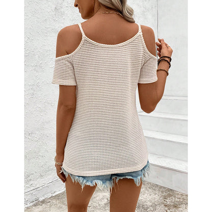 Womens Summer Cold Shoulder Tops Hollow Out Lace Crochet Short Sleeve Casual Blouse Top