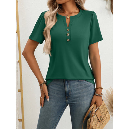 Womens Notch V Neck Shirts Short Sleeve Button T Shirts Summer Dressy Casual Tunic Tops