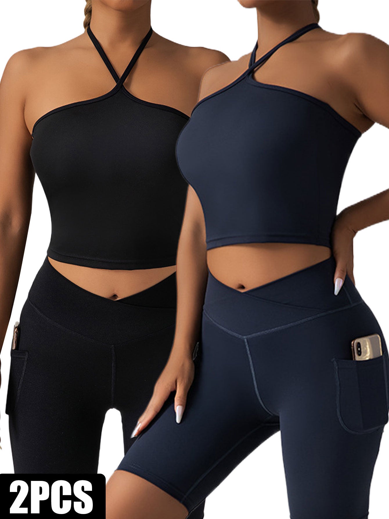 2-Piece Halter Crop Top & High-Waist Leggings Set – Activewear with Side Pockets