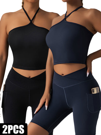 2-Piece Halter Crop Top & High-Waist Leggings Set – Activewear with Side Pockets