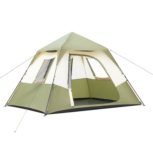 6-Person Automatic Camping Tent – Army Green & Beige, Waterproof Polyester with Iron Frame