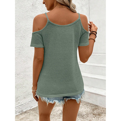 Womens Summer Cold Shoulder Tops Hollow Out Lace Crochet Short Sleeve Casual Blouse Top