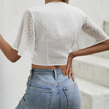 Women's V-neck Lace Up Casual Short Sleeved Lace  Solid Color T-shirt