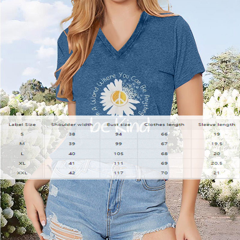 Women's 'Be Kind' Sunflower Print V-Neck Tee - Casual Short Sleeve Inspirational Summer Top