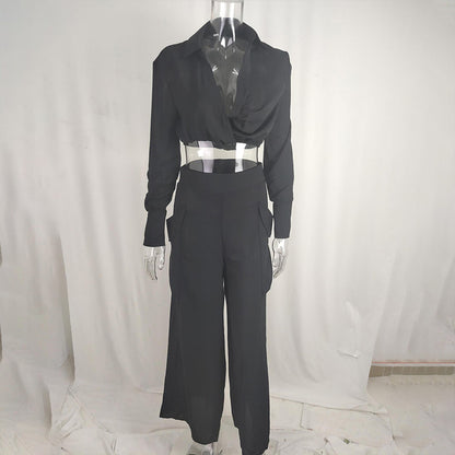 Women's Plus Size Elegant Pant Set - Crisscross Detail Top & Wide Leg Pants With Pockets Office & Casual Outfit