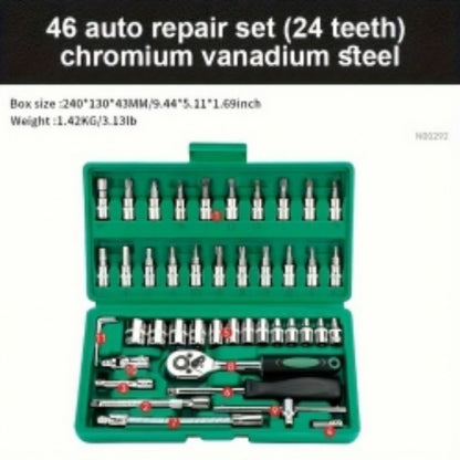 46 Piece 1/4 Inch  Ratchet Socket And Bit Set