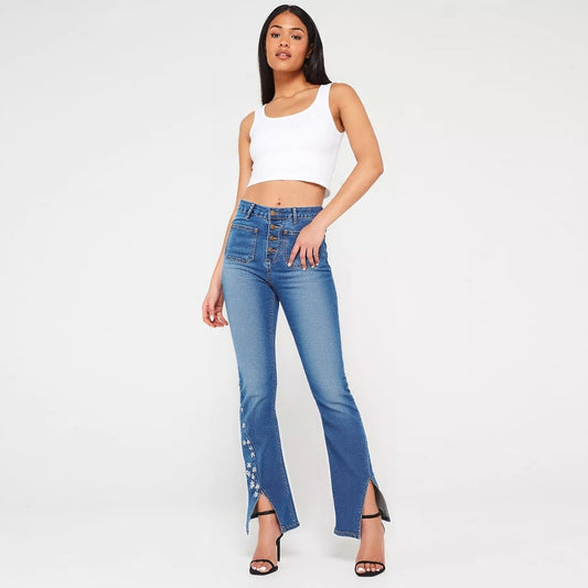 Women's High-Waist Star Patch Jeans, Wide-Leg Full-Length Jeans With A Retro Y2K Sta Light-Wash Denim For All Seasons.