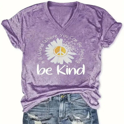Women's 'Be Kind' Sunflower Print V-Neck Tee - Casual Short Sleeve Inspirational Summer Top