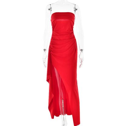 Elegant Strapless Maxi Dress – Pleated Design with High Slit