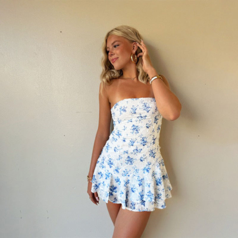 Fashionable Elegant Slim-fit Printed Tube Top A- Line Dress