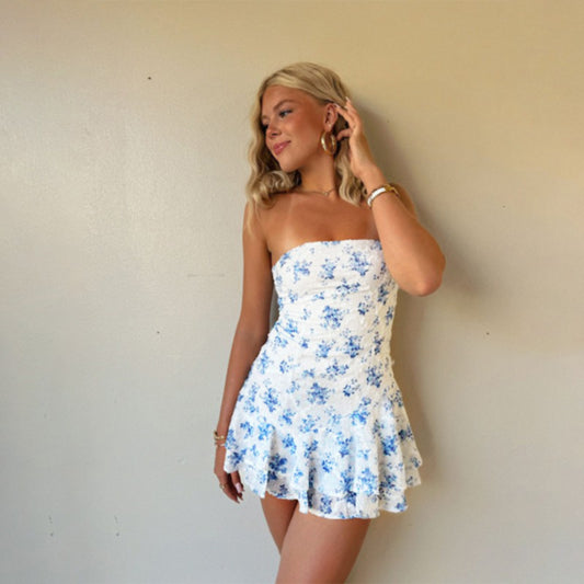 Fashionable Elegant Slim-fit Printed Tube Top A- Line Dress